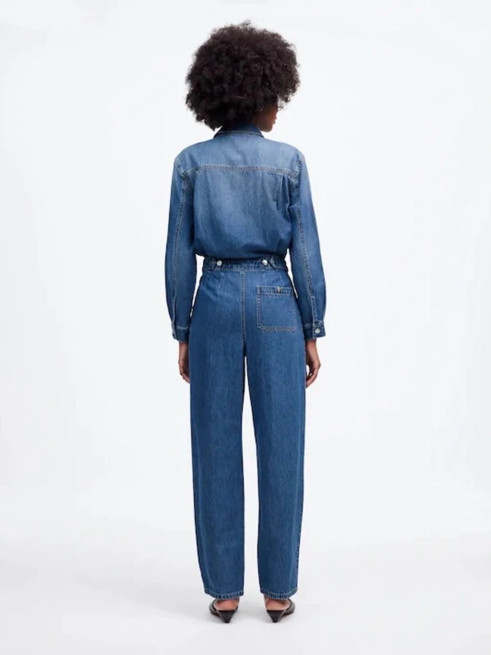 Pleated Barrel-Leg Jumpsuit in Baywood Wash: Airy Denim Edition